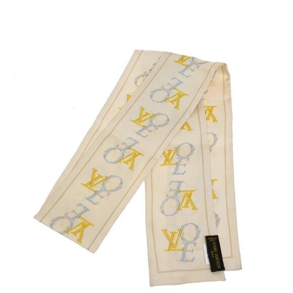 LOUIS VUITTON Logo Long Scarf Ribbon 100% Silk Beige Italy Accessory - Picture 11 of 13
